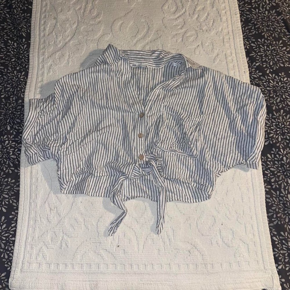 Striped Blue and White Tie-Front Linen Blend Women's Shirt Top